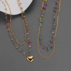 Gelaagde Ketting 18K Verguld Roestvrij Staal Kleurrijk Grind Imitatieparel Hart Hanger Sleutelbeen Ketting Vrouwen