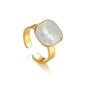 Adjustable golden ring featuring a square multi-faceted iridescent gemstone centerpiece
