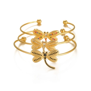Golden dragonfly open bracelets set with colorful gemstones in 18K gold plating