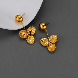 Boucles D'oreilles Pendantes Fleurs Acier Inoxydable Plaqué Or Texturé Trois Pétales Puce Hémisphère Bijoux Femme