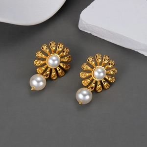 Elegant Flower Artificial Pearl Stainless Steel Earrings Gold Plated Vintage Floral Dangle Studs Fashion Jewelry For Women