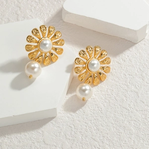 Elegant gold sunflower earrings with white pearls and stainless steel studs for women