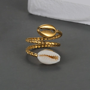 18K Gold Plated Stainless Steel Mother Of Artificial Pearl Shell Open Ring Twisted Rope Spiral Ocean Style Jewelry For Women