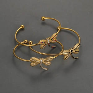 Dragonfly Cuff Bracelet 18K Gold Plated Stainless Steel Rhinestone Open Adjustable Bangle Minimalist Western Fashion Jewelry For Women