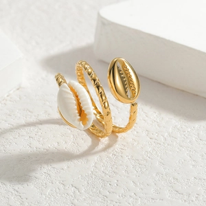 18k gold plated stainless steel spiral ring with shell accents on white stone