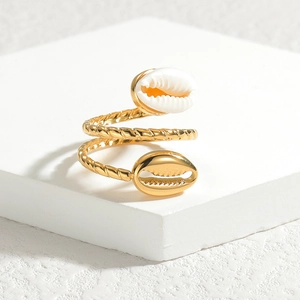 18k gold plated stainless steel spiral ring with white seashell and twisted texture
