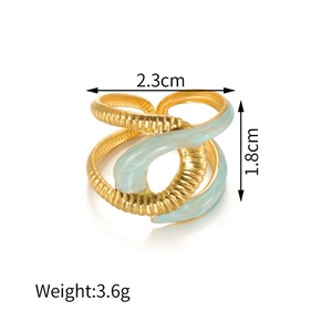 Gold-plated titanium steel ring with light blue enamel glaze and spiral texture