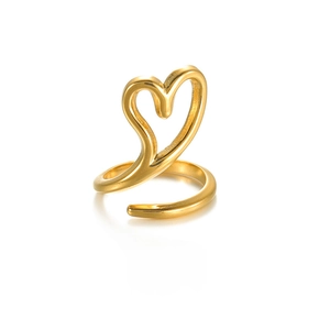 Detail of minimalist gold hollow heart open ring with a polished metallic finish
