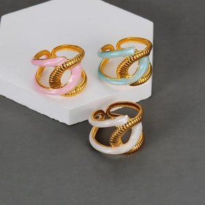 Fashion Twisted Open Ring Stainless Steel Gold Plated Enamel Drip Oil Intertwined Design Adjustable Finger Jewelry For Women