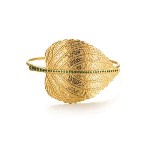 Gold leaf open bangle bracelet with sparkling green zircon crystals and detailed leaf veins