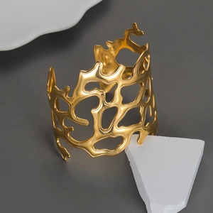 Wide Cuff Bracelet Stainless Steel Irregular Hollow Out Coral Design Gold Plated Open Adjustable Fashion Jewelry For Women