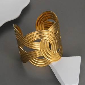 Stainless Steel Geometric Striped Cuff Bracelet Hollow Open Wide Bangle Exaggerated Modern Fashion Jewelry For Women