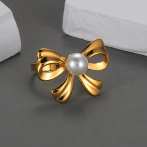 Elegante Anello Con Fiocco E Perla Artificial Acciaio Inossidabile Placcato Oro Regolabile Moda Design Di Nicchia Gioielli Donna