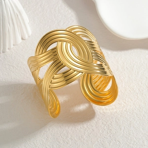 Minimalist geometric striped open cuff bracelet in polished gold finish for women