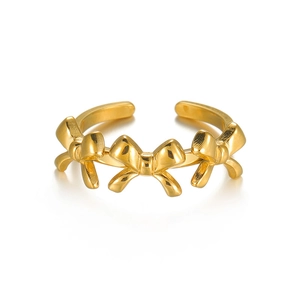 Polished 18k gold stainless steel open ring with triple bow design for women