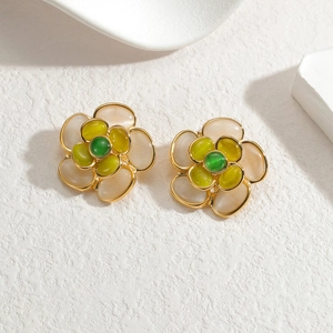 Elegant 18K gold stainless steel camellia stud earrings with green opal stone petals
