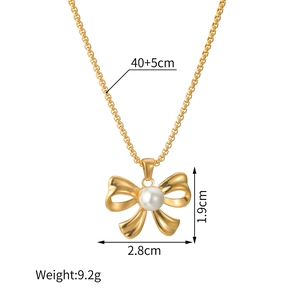 18k gold plated bow necklace with pearl pendant, detailed size 2.8cm x 1.9cm dimensions
