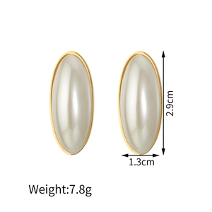 Boucles d'oreilles perles ovales en acier plaqué or 18k, taille 2,9cm x 1,3cm