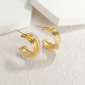 C Shaped Hoop Earrings For Women Stainless Steel Gold Plated Faux Artificial Pearl Geometric Elegant Vintage Style