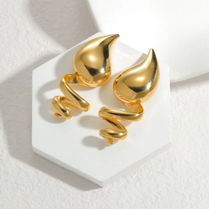 Golden teardrop earrings with a spiral comma design and a high-polish mirror finish