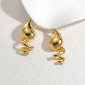 Elegant gold drop earrings with a comma spiral design in polished stainless steel finish