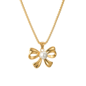 18k gold plated stainless steel bow necklace with a white pearl pendant for women
