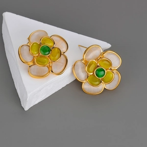 Camellia Flower Stud Earrings Stainless Steel Cat Eye Stone Elegant Korean Style Jewelry For Women Gold Plated
