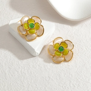 Elegant camellia flower stud earrings with cat eye stones and gold stainless steel base