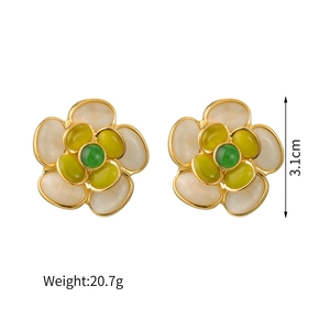 Fashionable camellia flower stud earrings in gold stainless steel with white petals