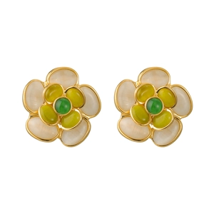 Elegant camellia stud earrings with opal texture and gold-plated steel floral design