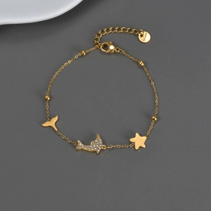 Gold Plated Stainless Steel Dolphin Charm Bracelet With Sparkling Cubic Zirconia Star And Fish Tail Pendants For Women