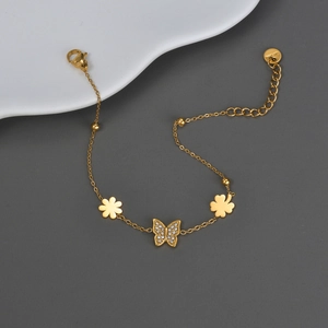 Bracelet En Acier Inoxydable Plaqué Or Pendentif Papillon Zircone Cubique Trèfle Fleur Chaîne Bijoux Pour Femmes