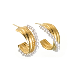 Elegant 18K gold plated stainless steel C-shape earrings with white pearl inlay
