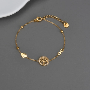 Tree Of Life Bracelet For Women Gold Plated Stainless Steel Infinity Leaf Charms Sparkling Cubic Zirconia Dainty Jewelry
