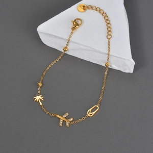 Stainless Steel Rhinestone Airplane Charm Bracelet Gold Plated Palm Tree Flip Flop Pendant Summer Vacation Jewelry Women