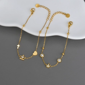 Bracelet En Acier Inoxydable Avec Pendentif Couronne Cœur Croix Zircone Plaqué Or Bijoux Réglables Pour Femmes