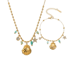 Ocean Shell Star Charm Necklace And Bracelet Set Stainless Steel 18K Gold Plated Turquoise Beads Vintage Jewelry For Women