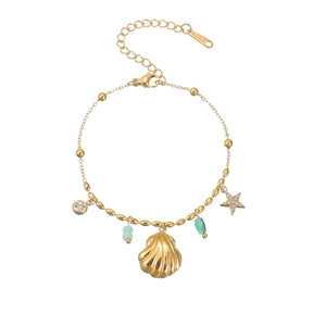 Gold stainless steel bracelet with shell, star pendant and blue crystal stones