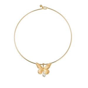 Collana rigida dorata con pendente a farfalla e perla bianca dallo stile elegante