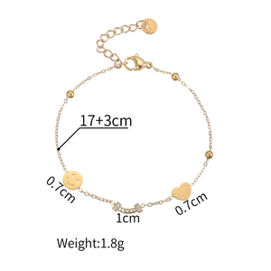 Bracelet en acier inoxydable plaqué or 18K avec cœur et smiley, détails de 17+3cm inclus