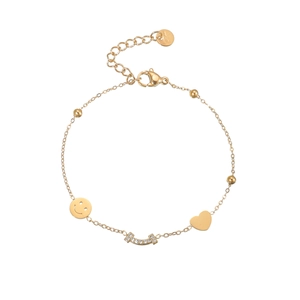 Bracelet en acier inoxydable doré 18 carats avec pendentif cœur et barre sourire