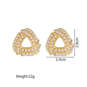 Chic gold triangle earrings with rows of white pearls, elegant and retro style for women