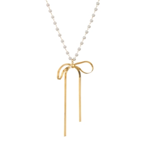 Elegante Edelstahl-Perlenkette mit goldenem Schlangenkette-Schleifenanhänger