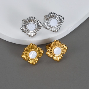 Stainless Steel Sunflower Stud Earrings With Mother Of Artificial Pearl Inlay Elegant Vintage Sunburst Jewelry For Women