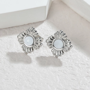 Elegant stainless steel sunburst stud earrings with mother of pearl shell inlay for women