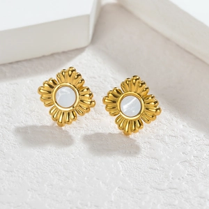 Elegant gold stainless steel sunflower stud earrings with iridescent mother of pearl inlay