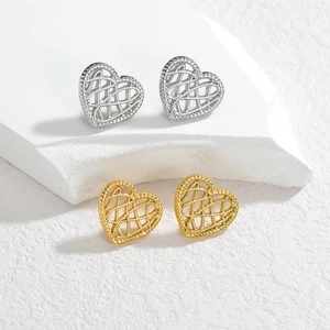 Elegant hollow heart-shaped stud earrings in gold and silver finish with woven lines