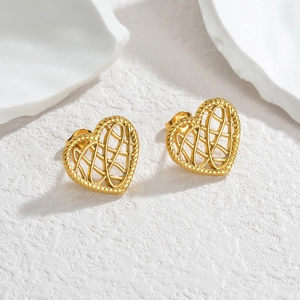 Elegant 18k gold plated stainless steel heart stud earrings with hollow woven design