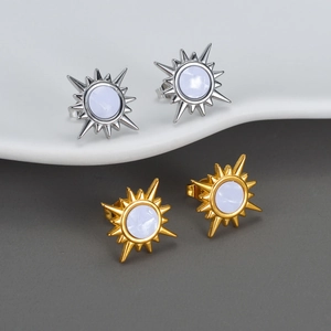 Boucles D'oreilles Puces Soleil Acier Inoxydable Nacre Incrustée Tournesol Vintage Bijoux Pour Femmes