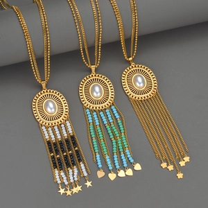 Long Collier À Gland Bohème Ethnique Rétro Acier Inoxydable Faux Künstliche Perle Künstliche Perles Chaîne Pull Femmes Bijoux